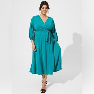 Torrid Studio Studio Surplice Fit Flare Midi Dress Teal Green 2X 18 20